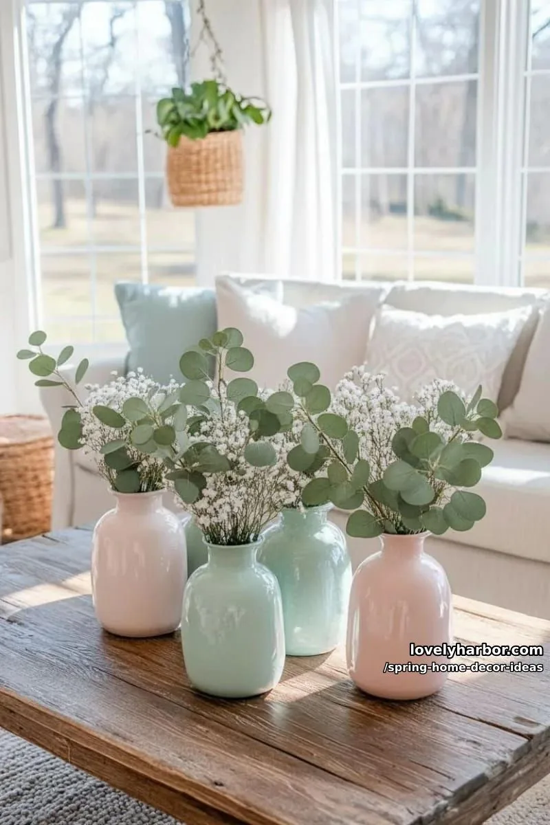 27 Gorgeous Spring Decor Ideas to Brighten Your Home 32 pastel ceramics holding baby’s breath and sprigs of eucalyptus for subtle styling 1