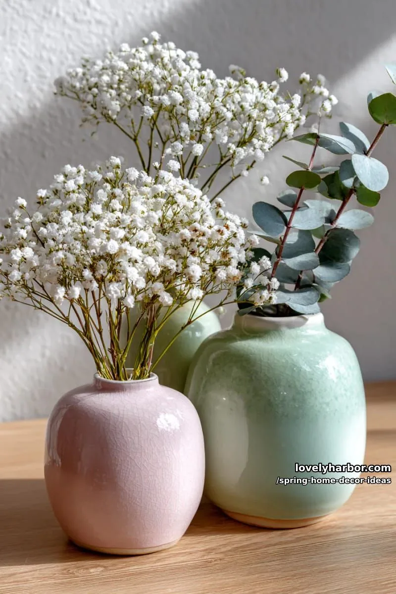 27 Gorgeous Spring Decor Ideas to Brighten Your Home 33 pastel ceramics holding baby’s breath and sprigs of eucalyptus for subtle styling 1