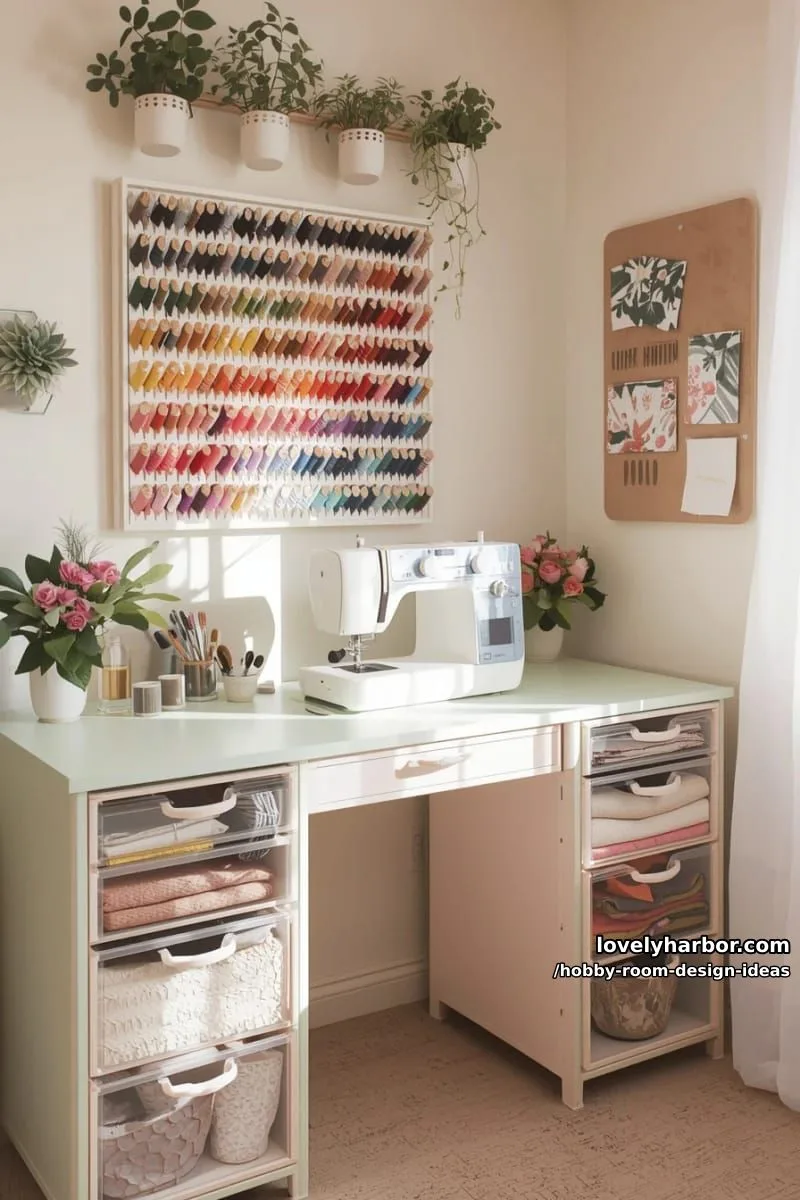 15 Inspiring Hobby Room Design Ideas You’ll Love 24 pastel-themed sewing station with clear acrylic drawers and rainbow thread racks 1