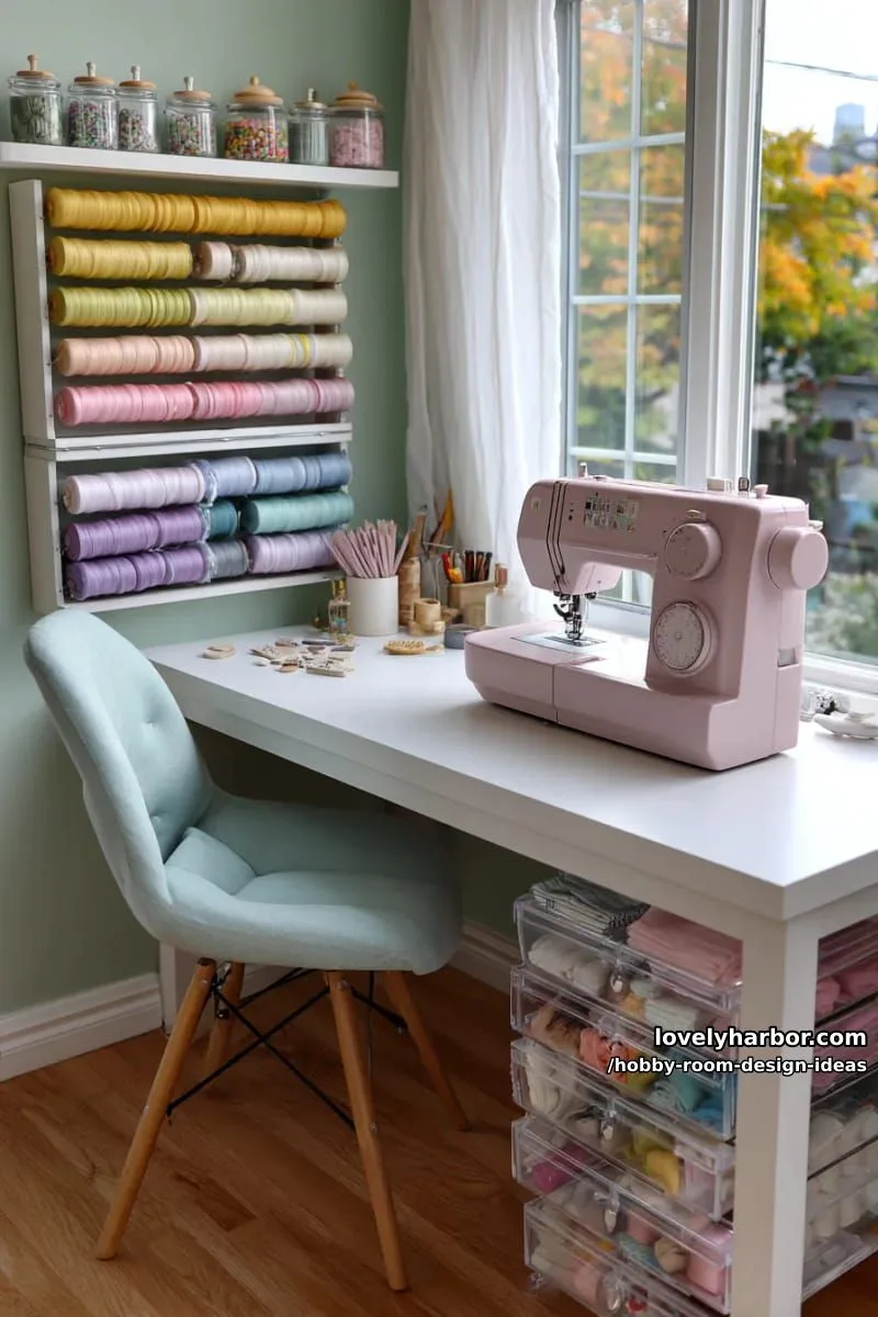 15 Inspiring Hobby Room Design Ideas You’ll Love 25 pastel-themed sewing station with clear acrylic drawers and rainbow thread racks 1