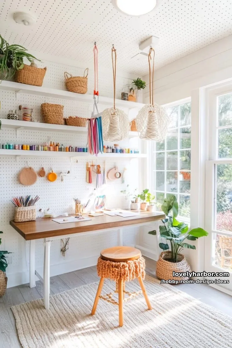 15 Inspiring Hobby Room Design Ideas You’ll Love 17 pegboard ceiling installation for hanging yarn, ribbon, or lightweight tools overhead 1