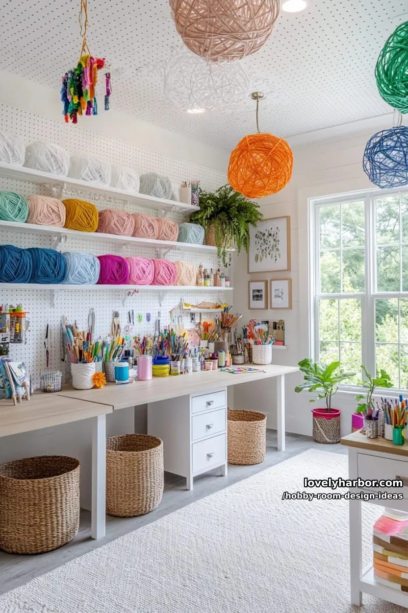 15 Inspiring Hobby Room Design Ideas You’ll Love 18 pegboard ceiling installation for hanging yarn, ribbon, or lightweight tools overhead 1