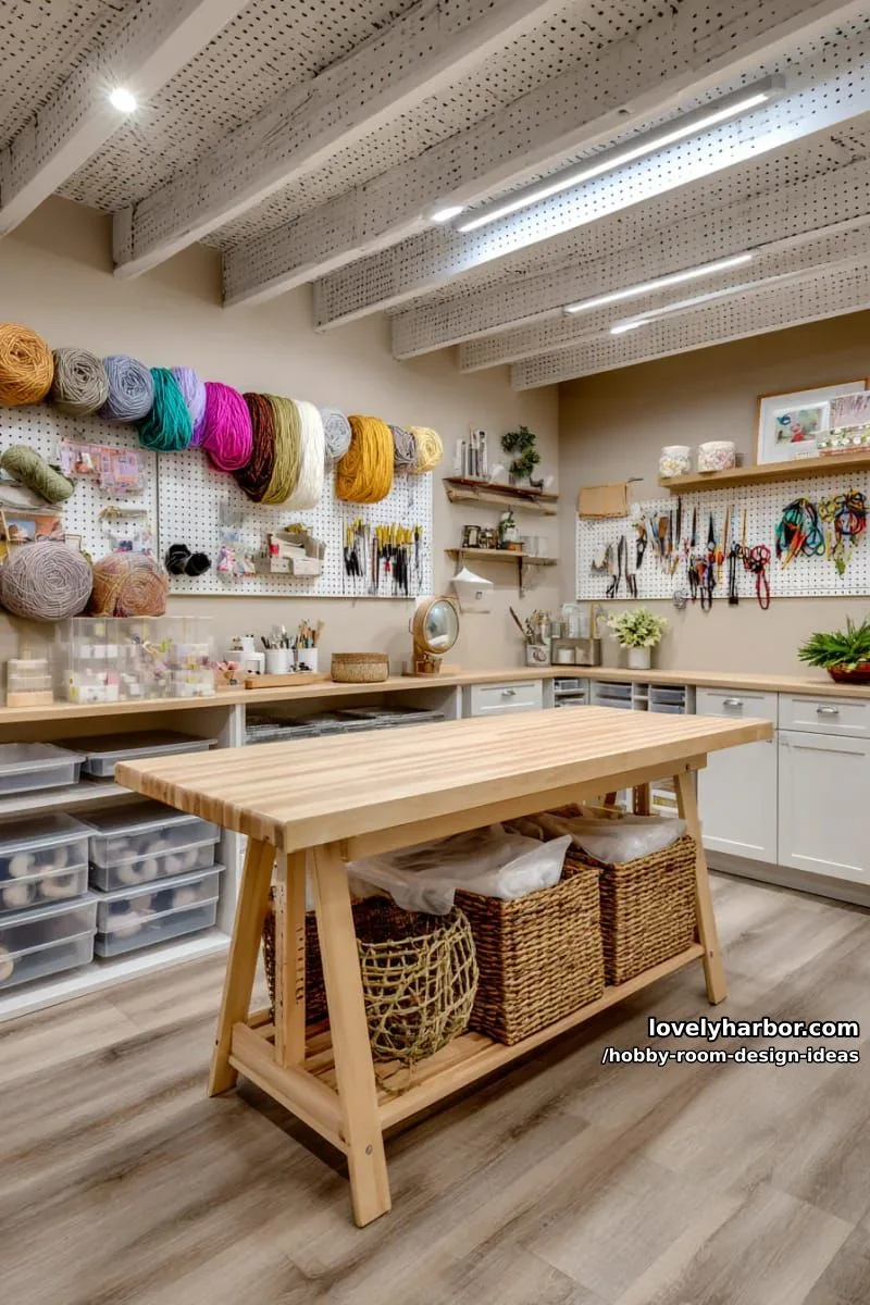 15 Inspiring Hobby Room Design Ideas You’ll Love 19 pegboard ceiling installation for hanging yarn, ribbon, or lightweight tools overhead 1