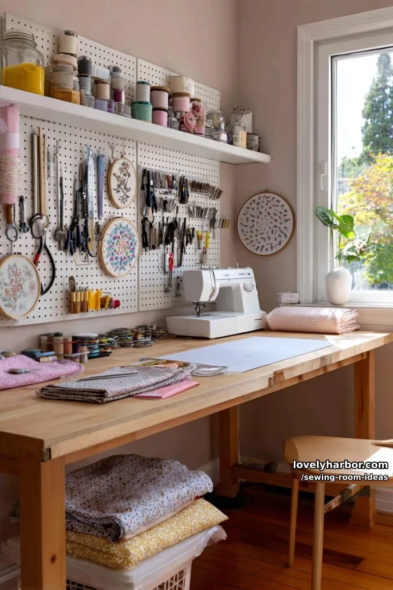 15 Creative Sewing Room Design Ideas 4 pegboard wall for sewing tools, scissors, and decorative embroidery hoops 1