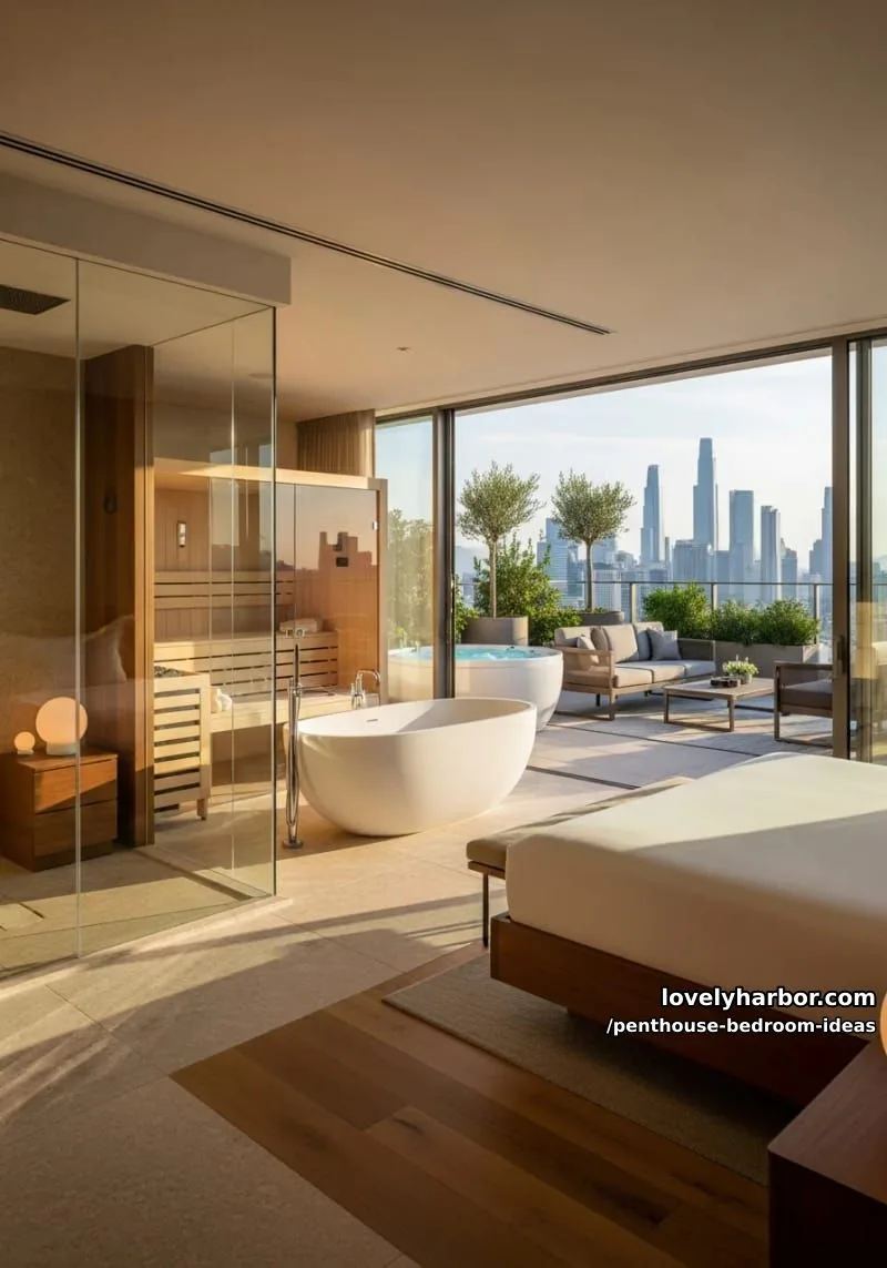 penthouse bedroom suite with integrated spa, sauna, and private terrace access 1