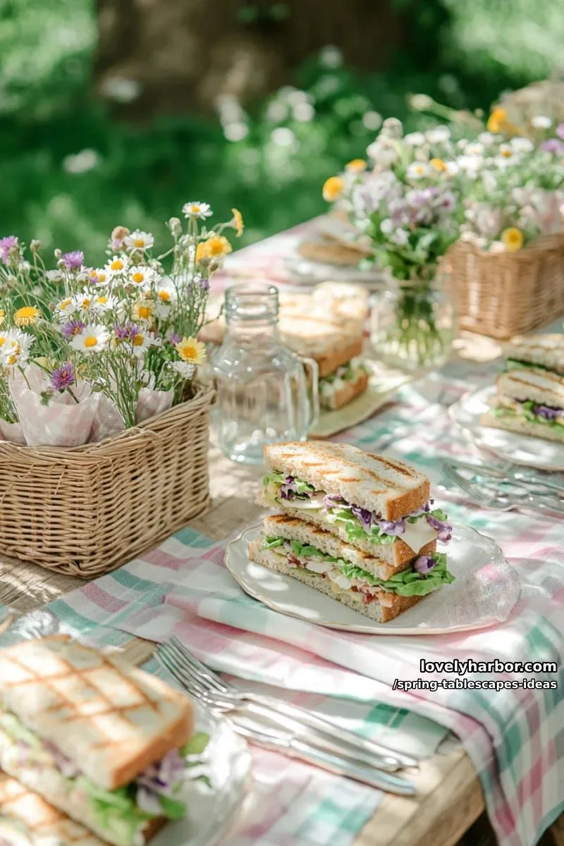 picnic-inspired tablescape with pastel plaid, mini sandwiches, and wildflowers 1