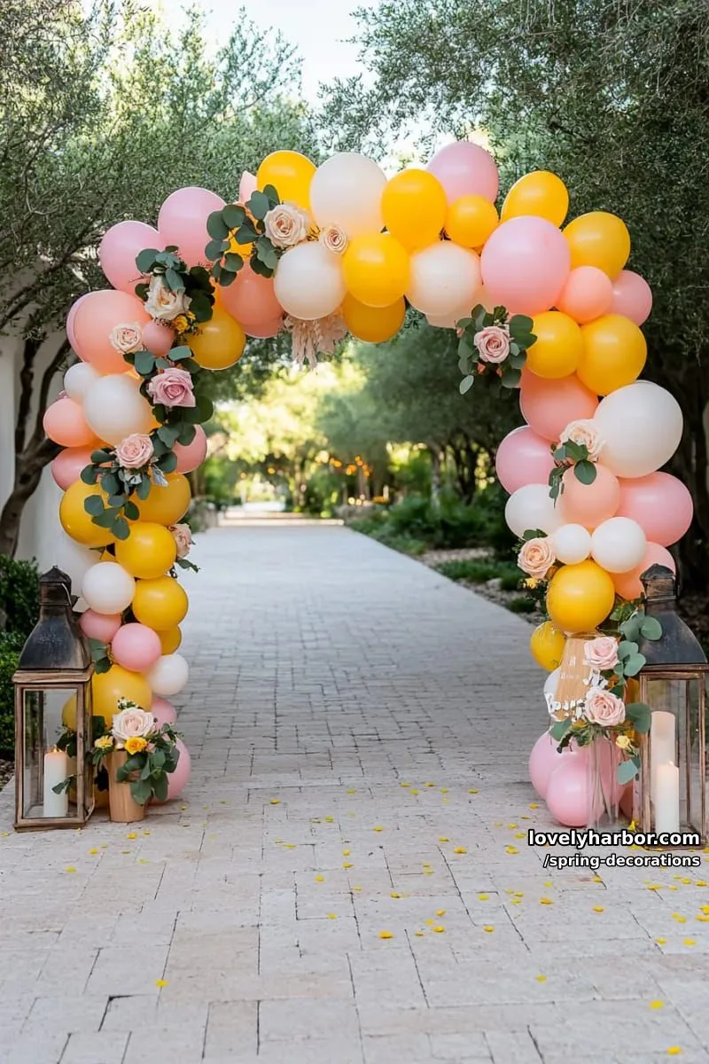 pink and yellow balloon arch with floral accents for a party entrance 1