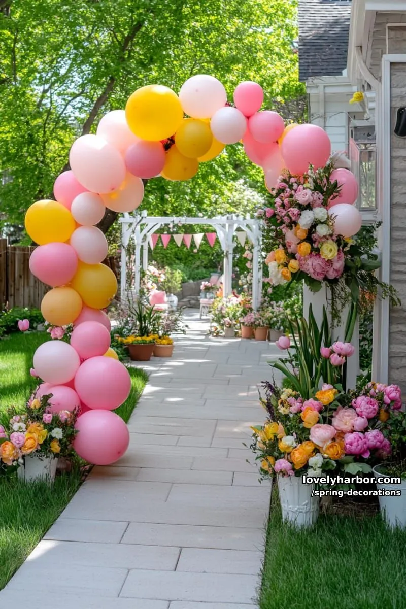 pink and yellow balloon arch with floral accents for a party entrance 1