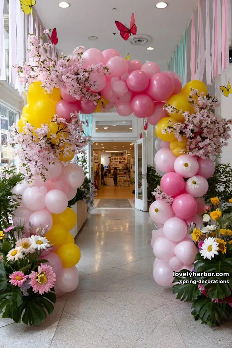 pink and yellow balloon arch with floral accents for a party entrance 1