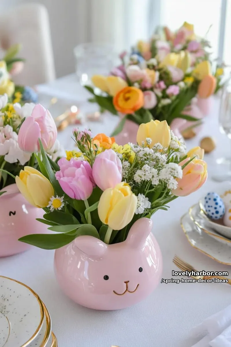 27 Gorgeous Spring Decor Ideas to Brighten Your Home 2 pink bunny vases filled with pastel spring blooms for a whimsical table centerpiece 1
