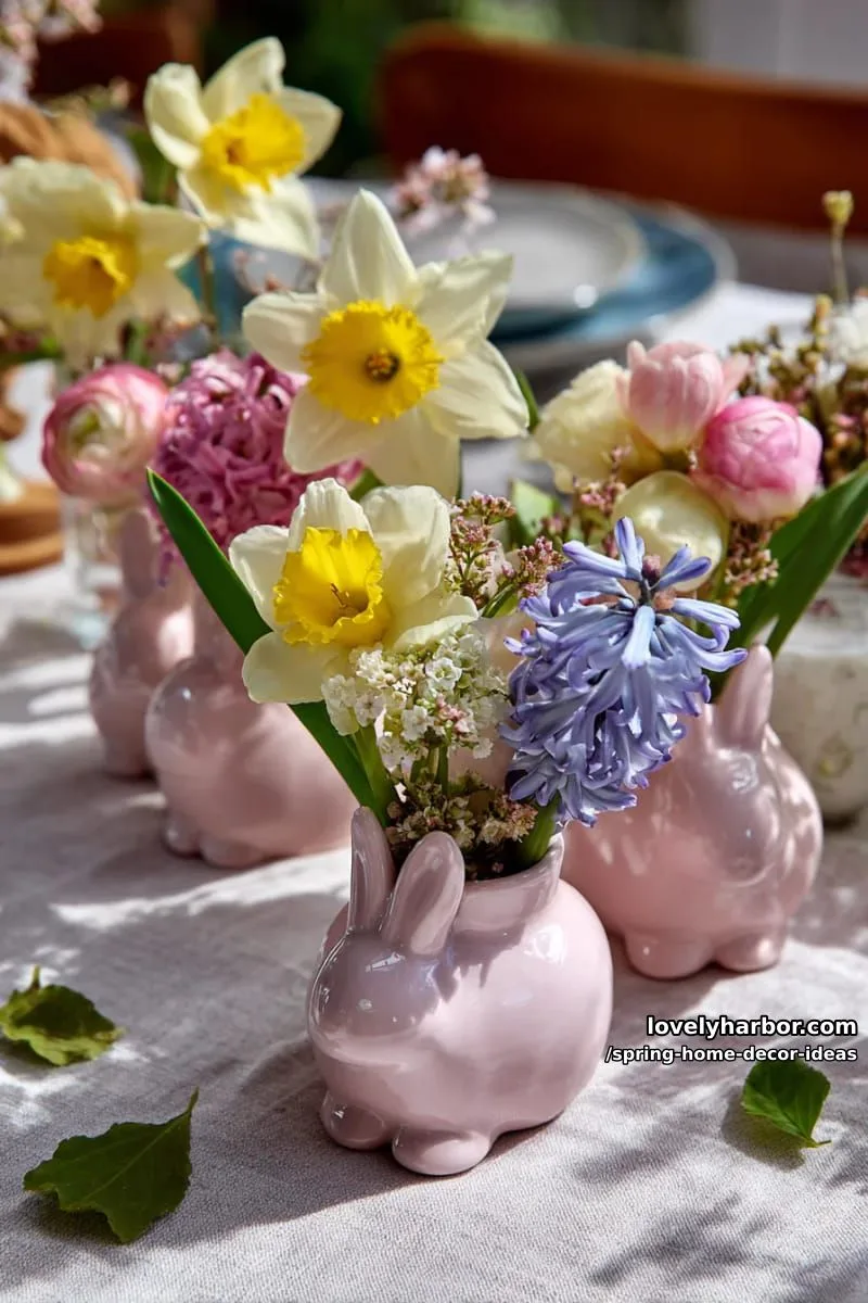 27 Gorgeous Spring Decor Ideas to Brighten Your Home 3 pink bunny vases filled with pastel spring blooms for a whimsical table centerpiece 1