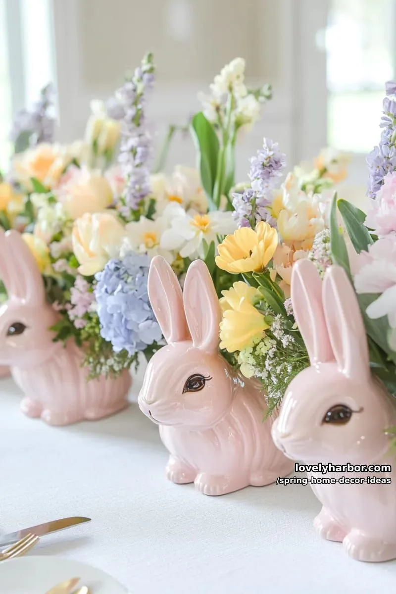 27 Gorgeous Spring Decor Ideas to Brighten Your Home 4 pink bunny vases filled with pastel spring blooms for a whimsical table centerpiece 1