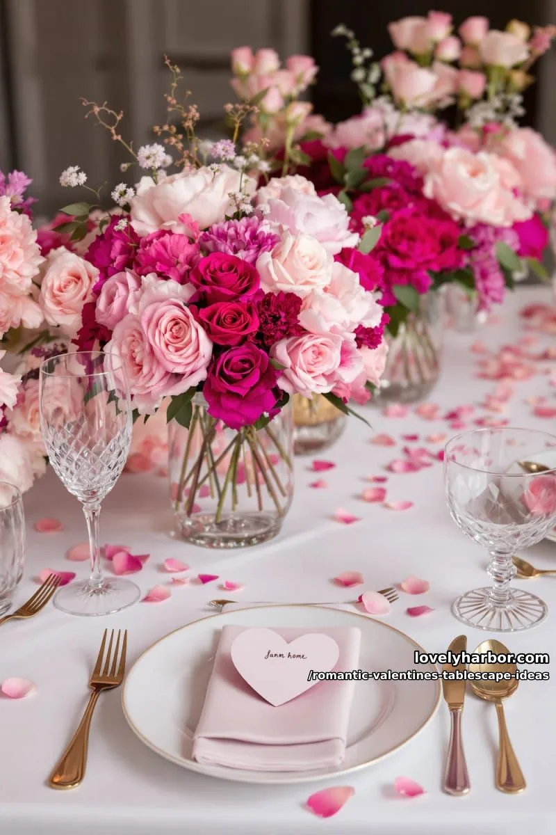 pink ombré flower arrangements in glass vases with heart-shaped place cards 1
