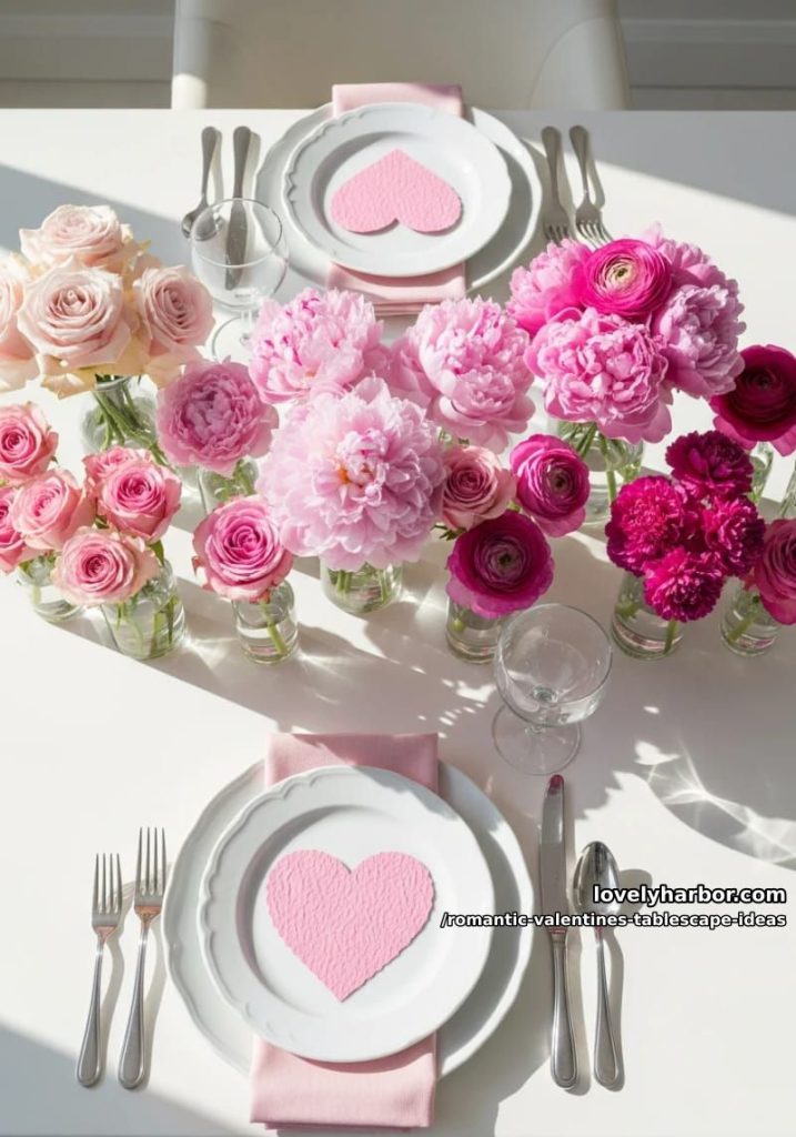 Decor 1 pink ombré flower arrangements in glass vases with heart-shaped place cards 6