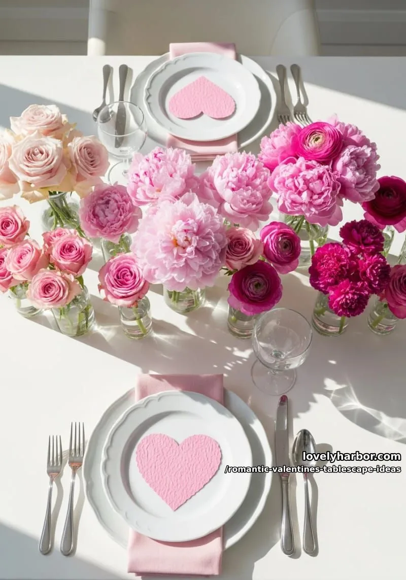 pink ombré flower arrangements in glass vases with heart-shaped place cards 1