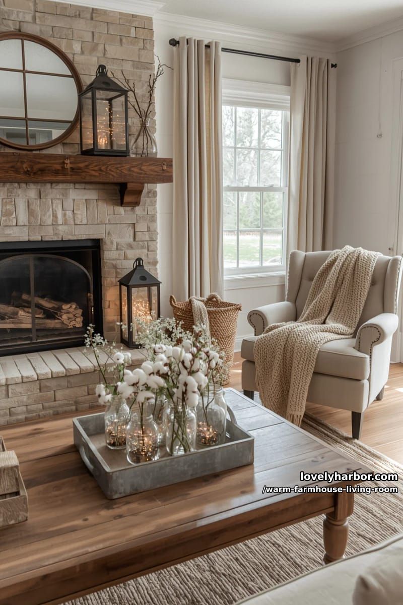 15 Ways to Style a Warm Farmhouse Living Room 30 place oversized farmhouse lanterns filled with fairy lights on the hearth 1