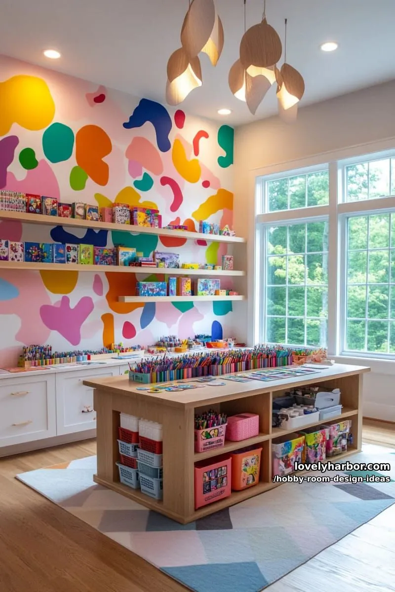 15 Inspiring Hobby Room Design Ideas You’ll Love 26 playful mural accent wall for creative inspiration in a hobby and playroom combo 1