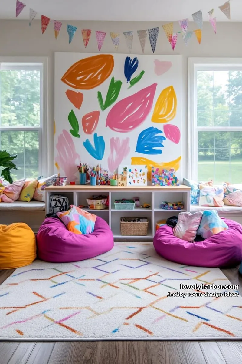 15 Inspiring Hobby Room Design Ideas You’ll Love 27 playful mural accent wall for creative inspiration in a hobby and playroom combo 1