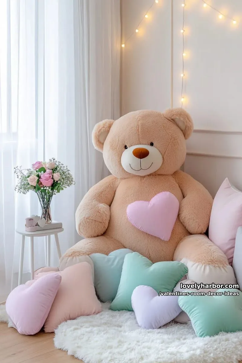 15 Valentine's Room Decor Ideas for a Romantic Ambiance 68 plush bear corner surrounded by soft pastel throws and heart-shaped pillows 1