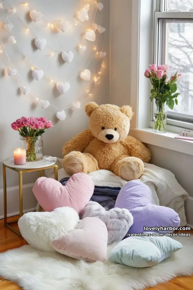 15 Valentine's Room Decor Ideas for a Romantic Ambiance 69 plush bear corner surrounded by soft pastel throws and heart-shaped pillows 1