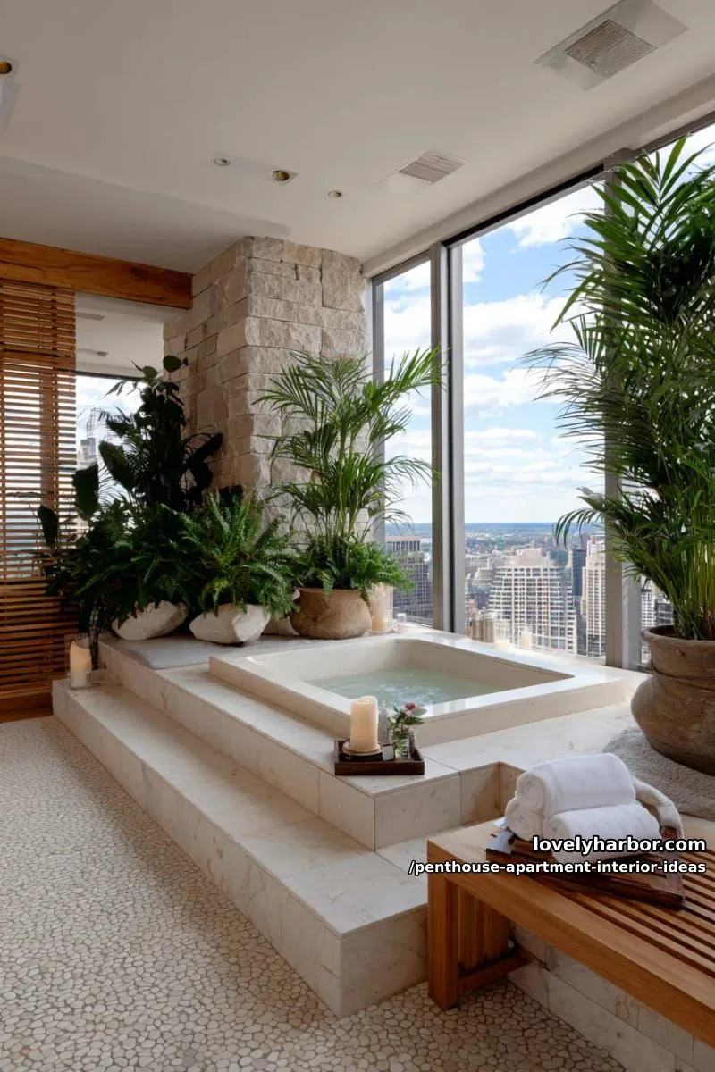 29 Stunning Penthouse Apartment Interior Design Ideas for a Fresh New Look 51 private spa sanctuary with sunken soaking tub and city views 1