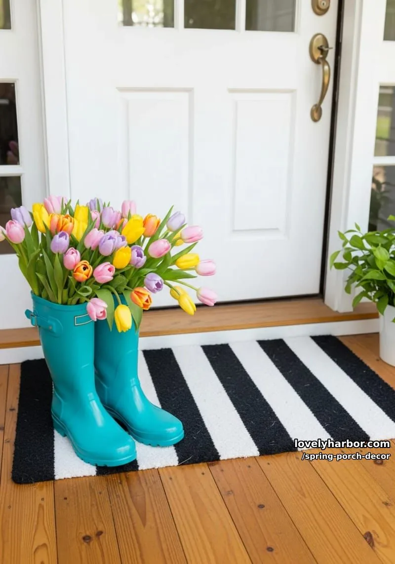 21 Cozy Spring Porch Decor to Jazz Up Your Outdoor Space 3 rain boots overflowing with pastel tulips beside a striped doormat 1