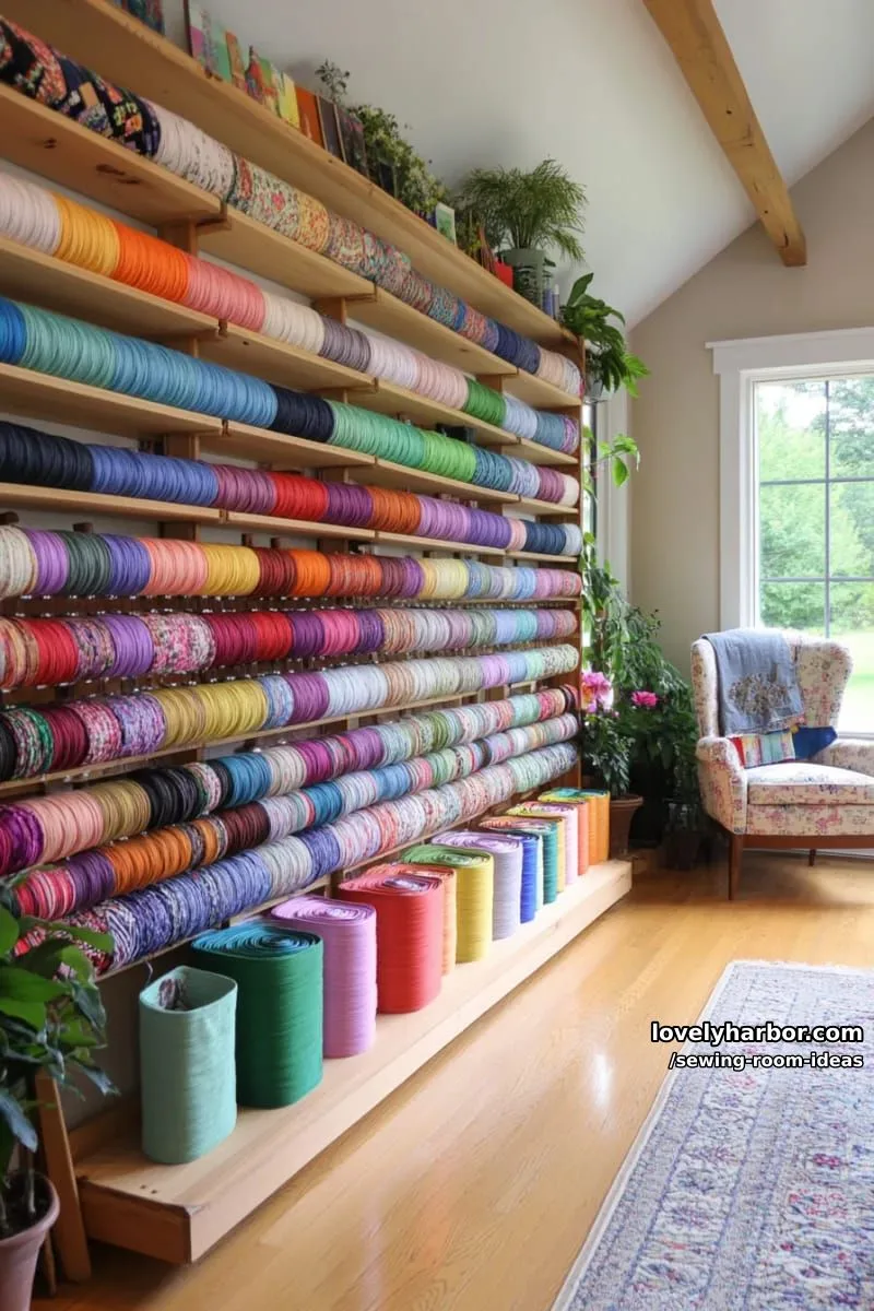 15 Creative Sewing Room Design Ideas 2 rainbow fabric wall display with open shelving and color-coded organization bins 1