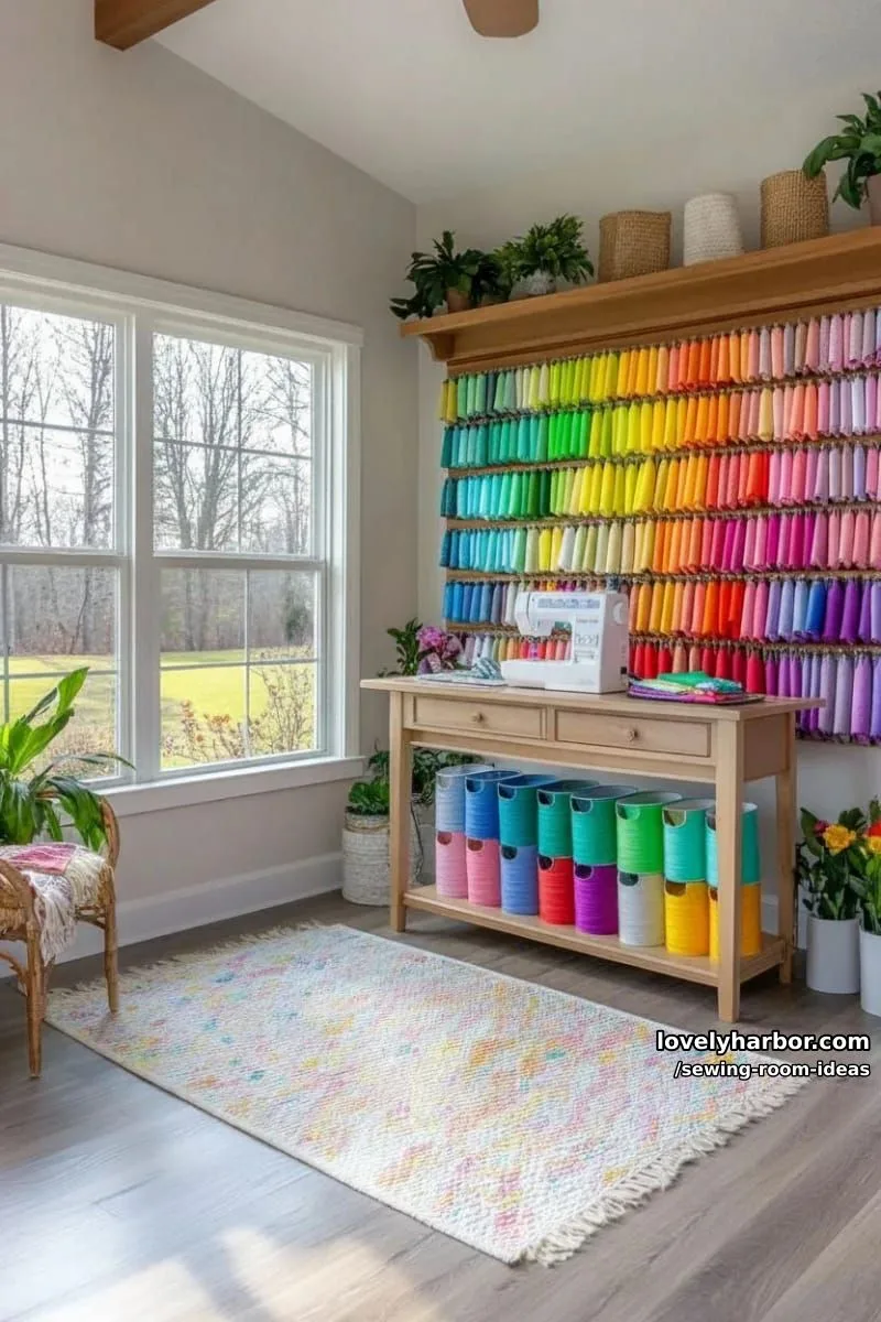 15 Creative Sewing Room Design Ideas 3 rainbow fabric wall display with open shelving and color-coded organization bins 1