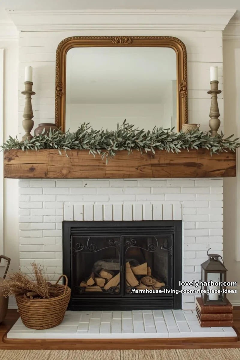 reclaimed wood mantle with vintage mirror and olive branch garland above fireplace 1