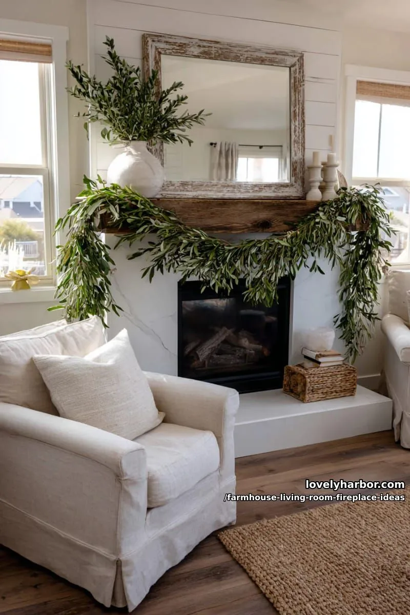 reclaimed wood mantle with vintage mirror and olive branch garland above fireplace 1
