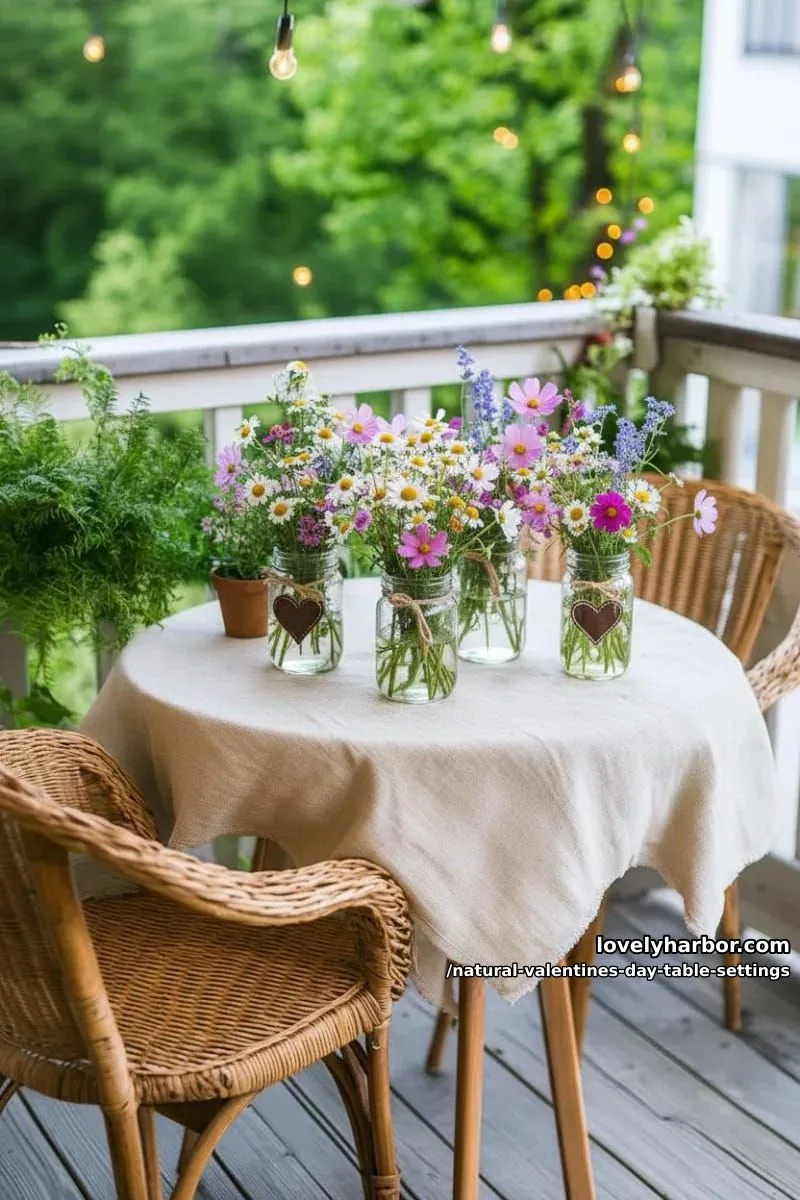 15 Natural Valentine’s Day Table Settings Perfect for a Romantic Table for Two 6 recycled glass jars filled with wildflowers and tied with twine hearts 1