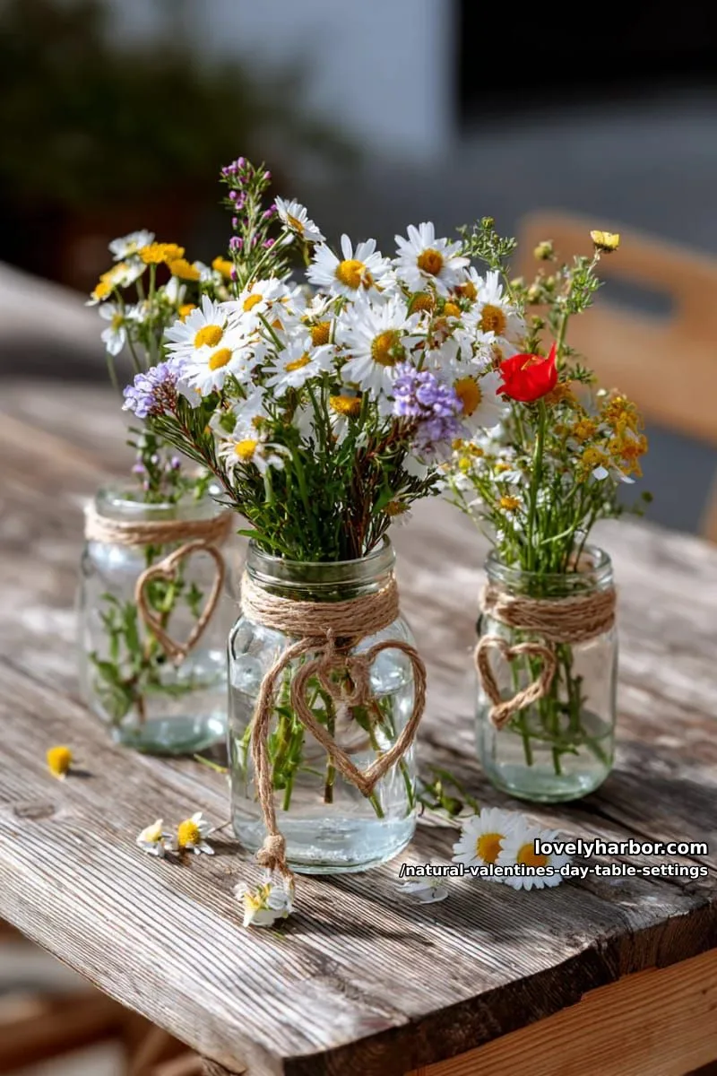15 Natural Valentine’s Day Table Settings Perfect for a Romantic Table for Two 7 recycled glass jars filled with wildflowers and tied with twine hearts 1