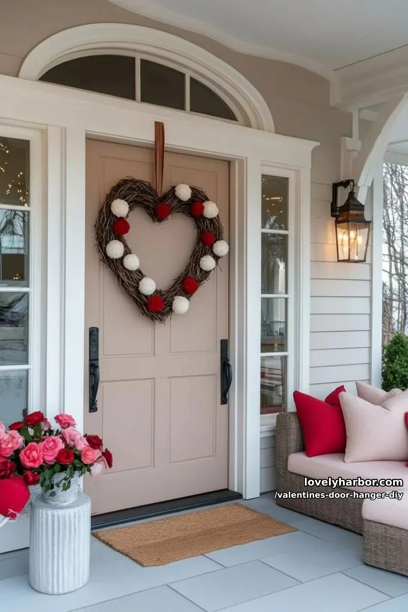 red and white pom pom garland draped across grapevine heart 1
