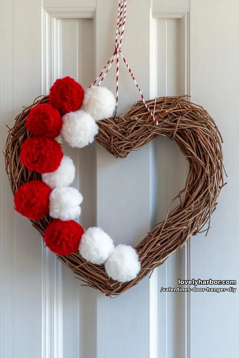 red and white pom pom garland draped across grapevine heart 1