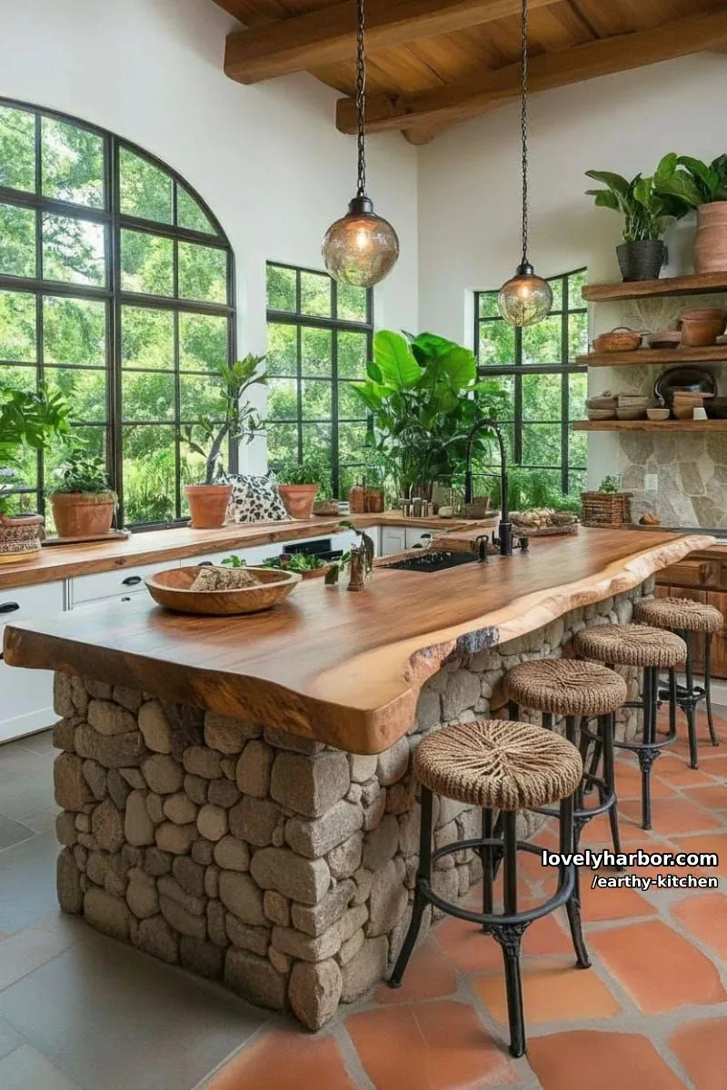 river stone kitchen island base with rustic wood waterfall countertop 1