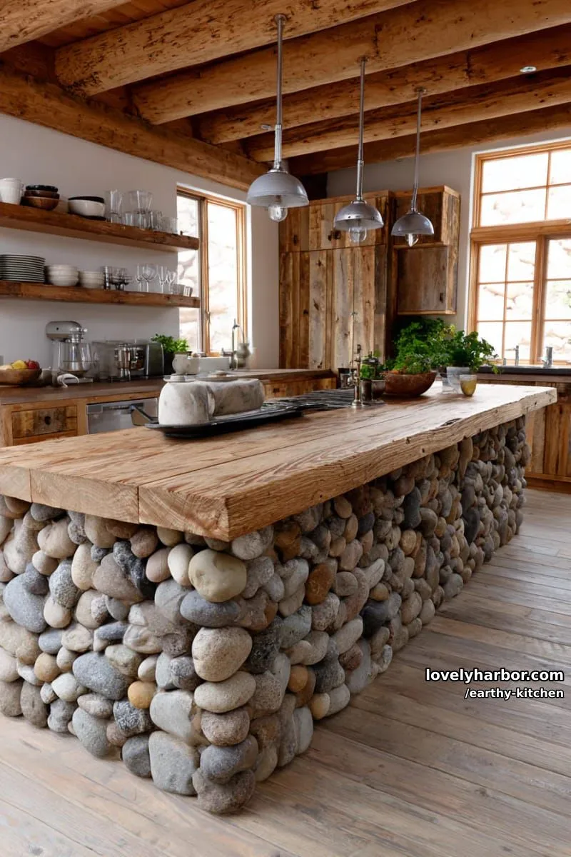 river stone kitchen island base with rustic wood waterfall countertop 1