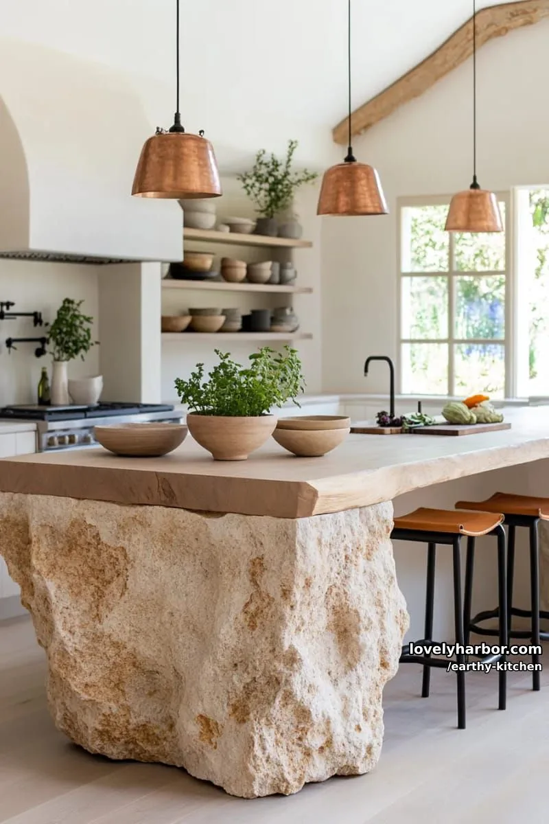 river stone kitchen island base with rustic wood waterfall countertop 1