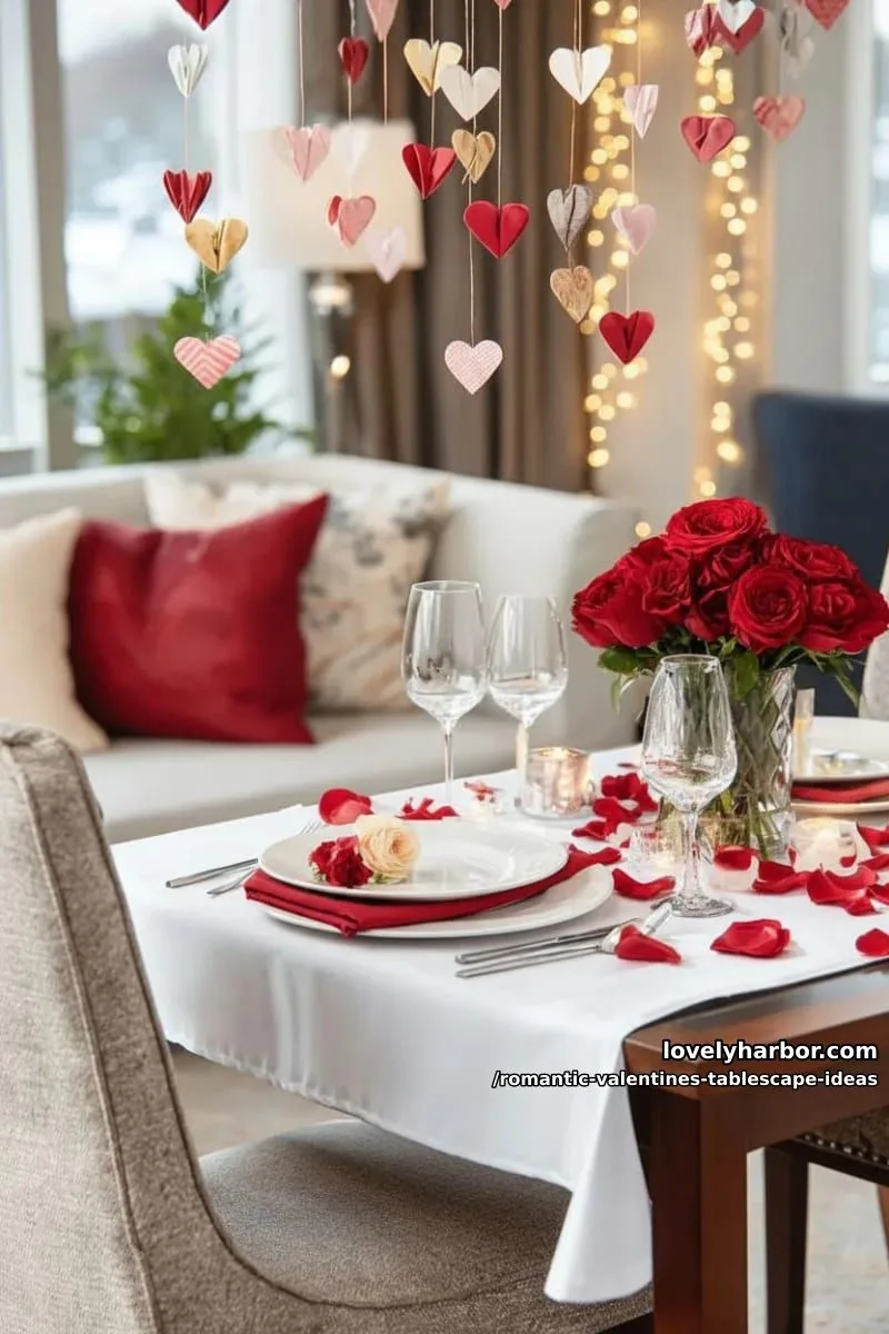 romantic dinner for two with hanging origami hearts and twinkle fairy lights 1