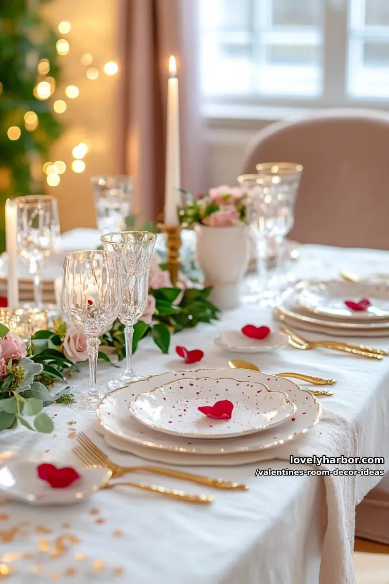 15 Valentine's Room Decor Ideas for a Romantic Ambiance 51 romantic dinner setup with rose petal confetti and gold-accented tableware 1