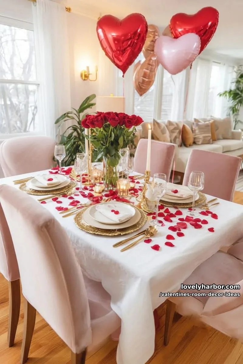 15 Valentine's Room Decor Ideas for a Romantic Ambiance 52 romantic dinner setup with rose petal confetti and gold-accented tableware 1
