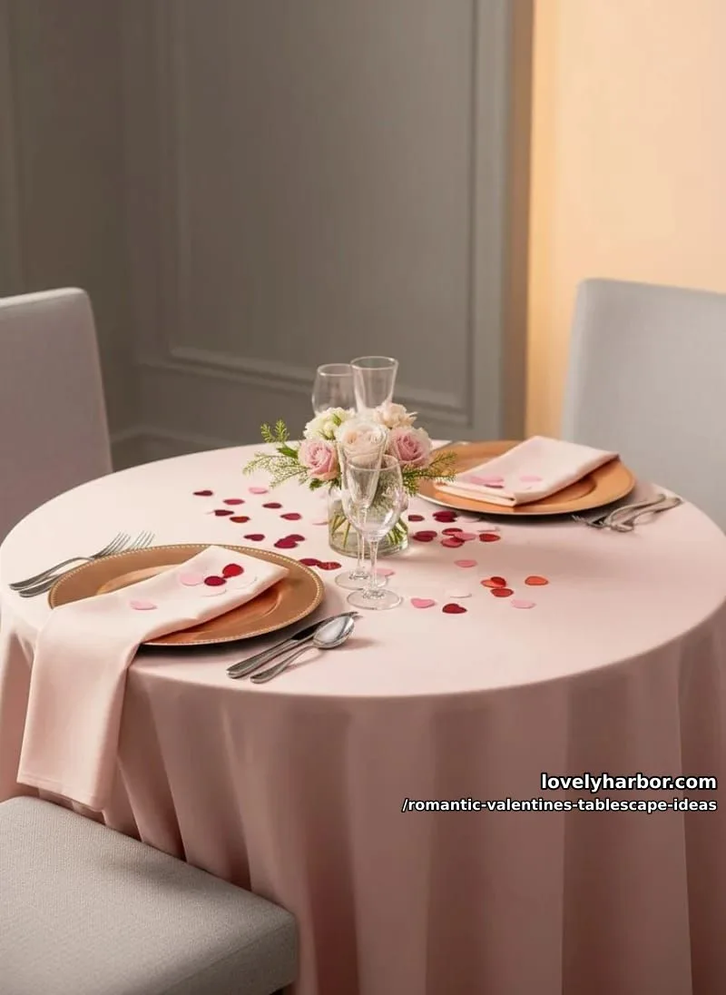 rose gold charger plates and scattered confetti hearts on soft pink linen 1
