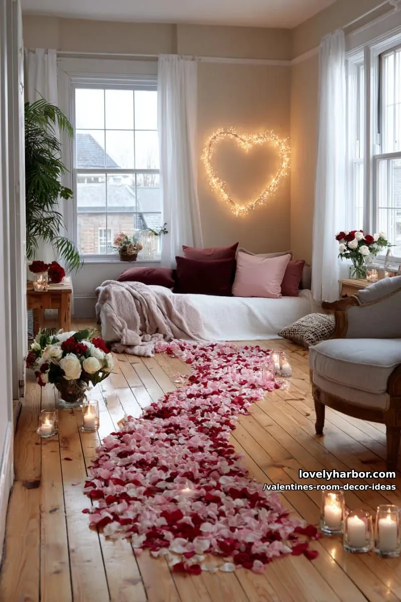15 Valentine's Room Decor Ideas for a Romantic Ambiance 6 rose petal pathway leading to a glowing heart made of fairy lights 1