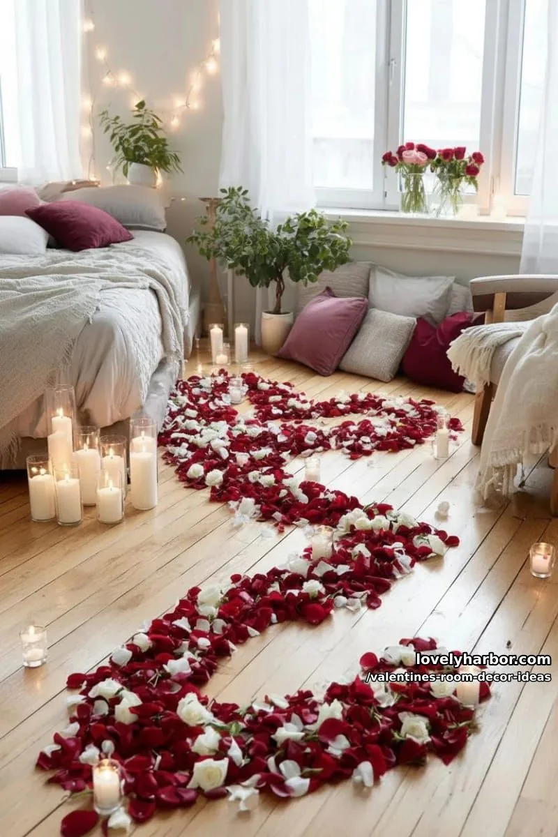 15 Valentine's Room Decor Ideas for a Romantic Ambiance 7 rose petal pathway leading to a glowing heart made of fairy lights 1
