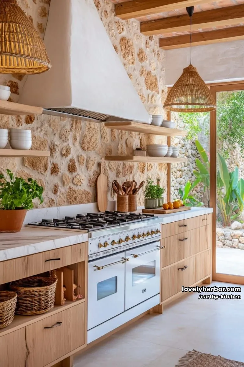 rough stone feature wall behind stove, surrounded by light wood cabinetry 1