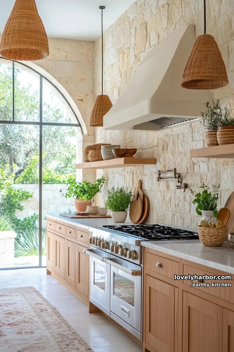 rough stone feature wall behind stove, surrounded by light wood cabinetry 1