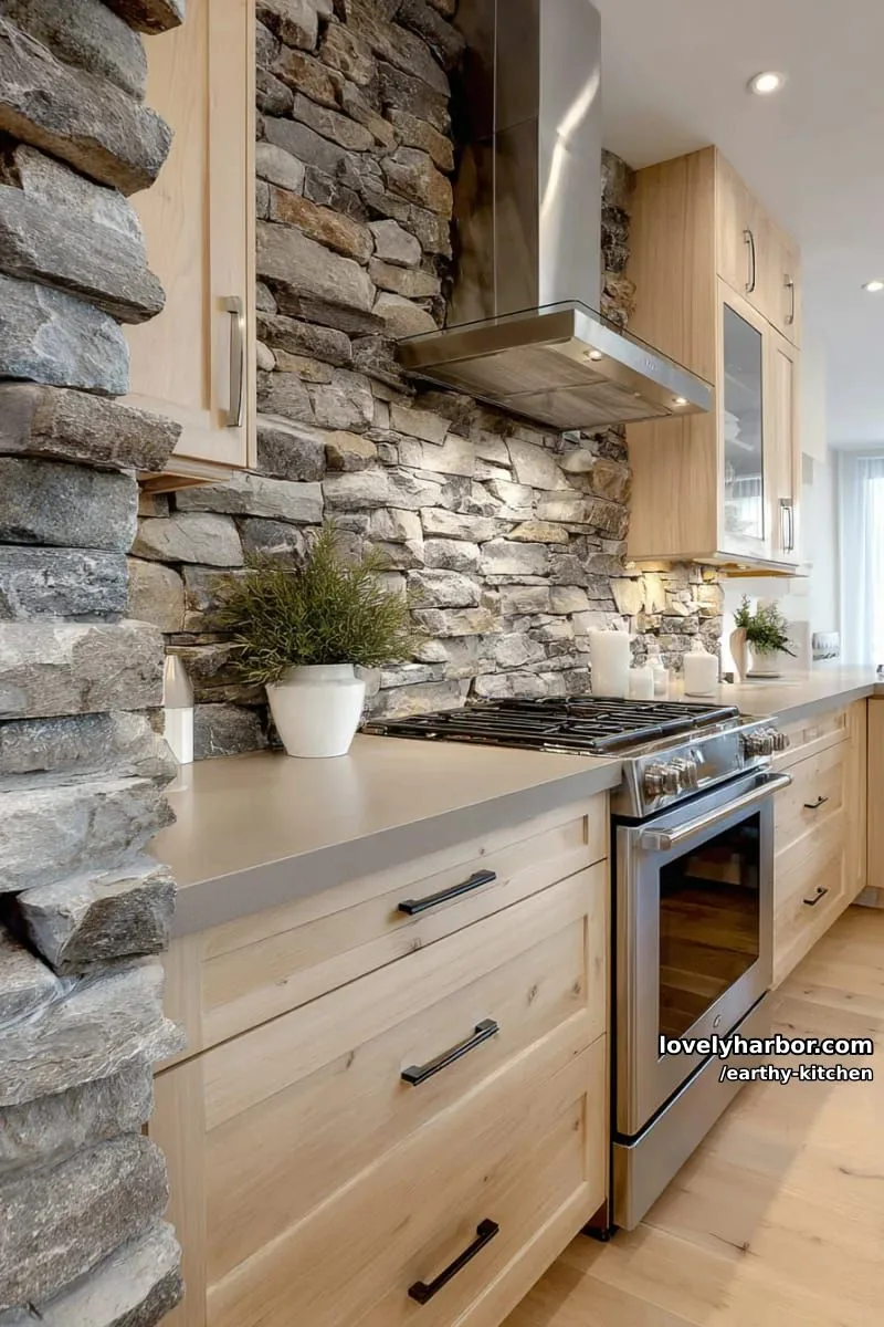 rough stone feature wall behind stove, surrounded by light wood cabinetry 1