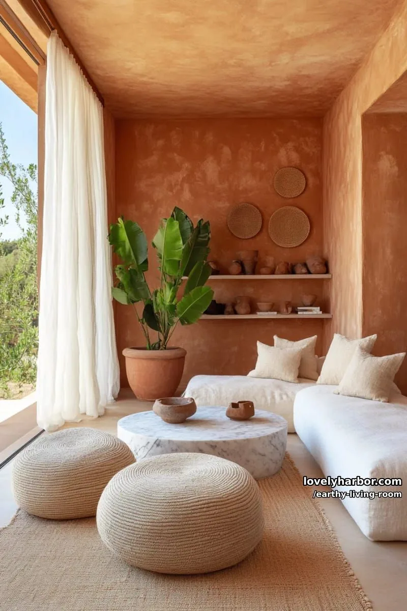 Bring Nature Indoors: 15 Earthy Living Room Designs to Inspire 31 round seagrass ottomans clustered near a marble-topped side table 1