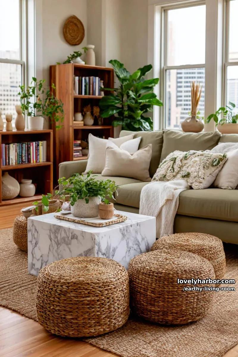 Bring Nature Indoors: 15 Earthy Living Room Designs to Inspire 32 round seagrass ottomans clustered near a marble-topped side table 1