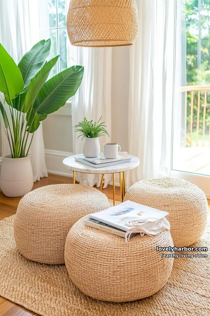 Bring Nature Indoors: 15 Earthy Living Room Designs to Inspire 33 round seagrass ottomans clustered near a marble-topped side table 1