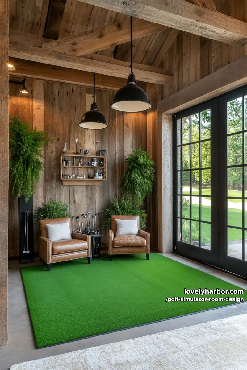 15 Chic Golf Simulator Room Designs to Help Update Your Space! 15 rustic barn-style golf room with reclaimed wood, industrial lights, and turf flooring 1